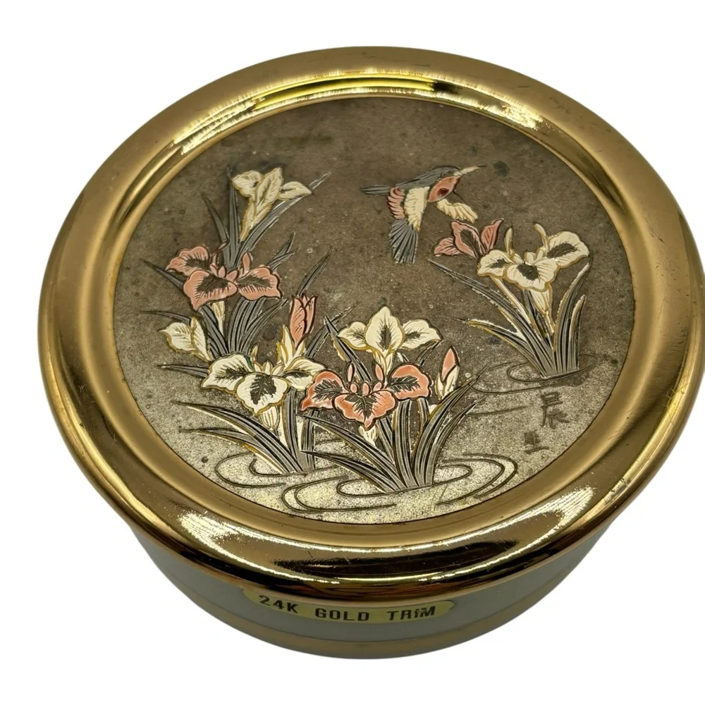 Art of Chokin 24k Gold Trim Hummingbird Porcelan Trinket Box Jewelry Bowl w/ Lid